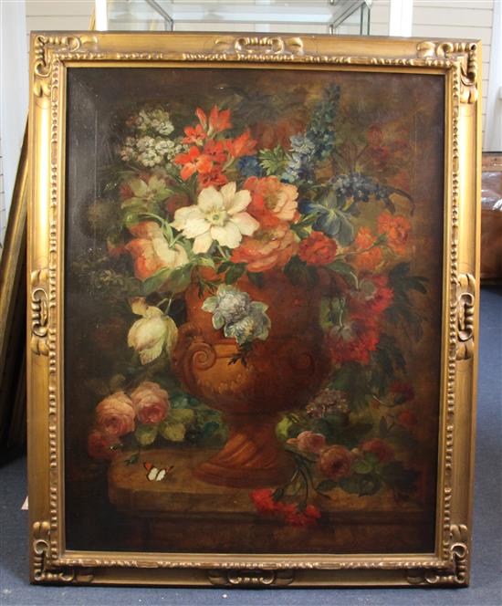 After Jean-Baptiste Monnoyer (1634-1699) Still life of flowers in an urn upon a ledge 36 x 28in.